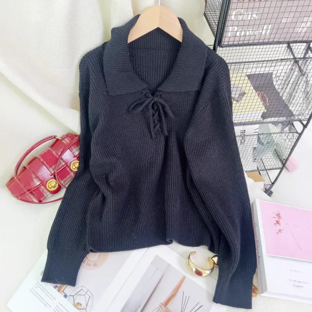 Women's Retro Lace Up Long Sleeve Sweater Black - Shop at LoveMi