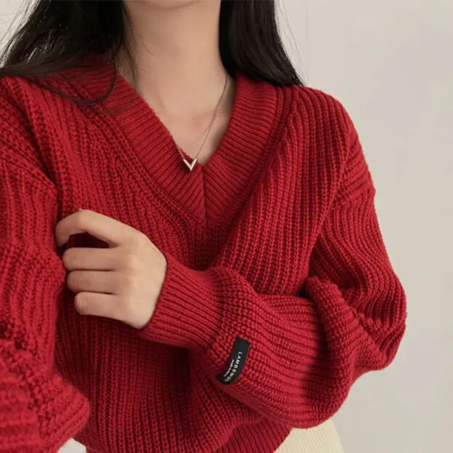 Letter Patch Loose Leisure All matching Long Sleeve Knitted Pullover Sweater Red - Shop at LoveMi