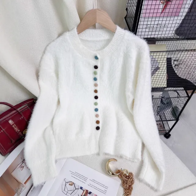 Women's Casual Warm Colorful Button Sweater White - Shop at LoveMi