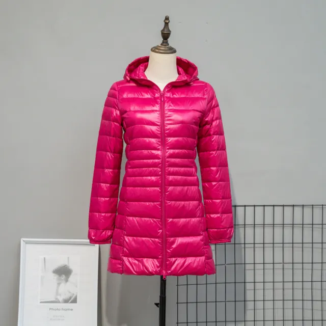Autumn And Winter Lightweight Down Jacket Women's Mid length Plus Size Hooded Slim Fit Oversized Coat Rose Red - Shop at LoveMi