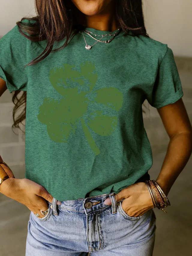 Fragment Clover Simple Short Sleeve Round Neck Women Retro Green Color Picture - Shop at LoveMi