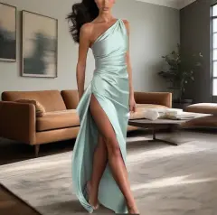 Summer New European And American Satin Slant Shoulder Will Not Be Like Slit Design Sexy Dress - Emerald-L - View 1