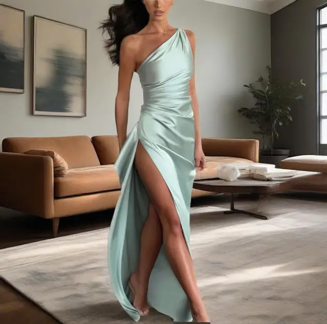 Summer New European And American Satin Slant Shoulder Will Not Be Like Slit Design Sexy Dress Emerald L - Shop at LoveMi