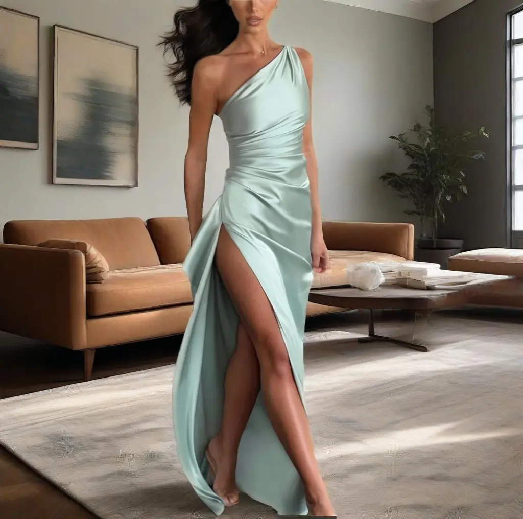 Summer New European And American Satin Slant Shoulder Will Not Be Like Slit Design Sexy Dress - Emerald-L