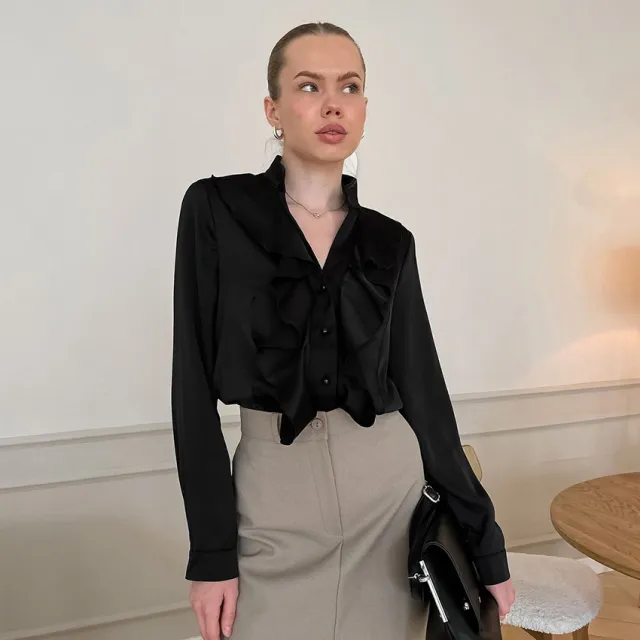 Commuter French Style Black Ruffled Shirt Black - Shop at LoveMi
