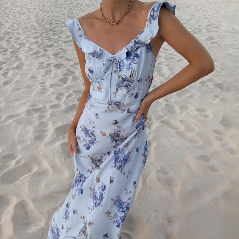 Women's Vacation Style Vintage Printed Slim-fit Sling Dress
