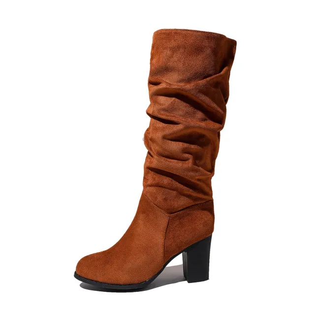 New European And American style Chunky heeled Pointed toe Suede Over the knee Boots Brown - Shop at LoveMi
