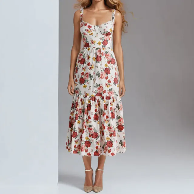 Women's Elegance Sleeveless Slim Fit Dress Rose Print - Shop at LoveMi