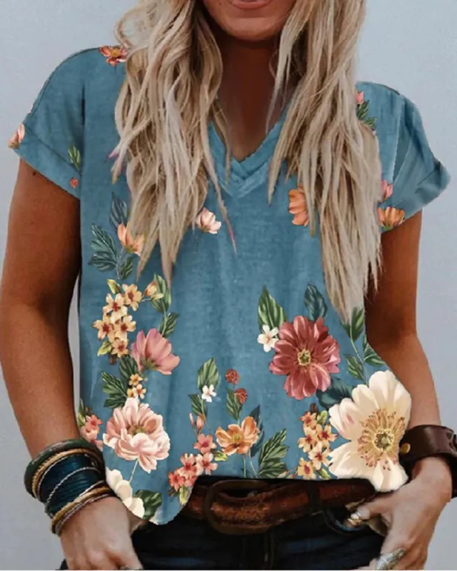 Women's Summer Casual Color Loose Sports Style 3D Printed Short Sleeve V neck T shirt F169Z569 - Shop at LoveMi