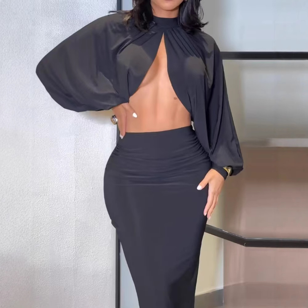 Solid Color Round Neck Sexy Slim Fit Dress Suit