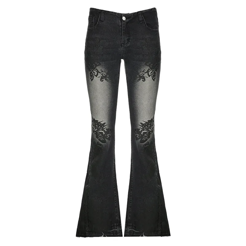 Printed Worn Jeans Slimming Washed Women - Black