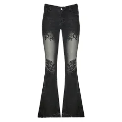 Printed Worn Jeans Slimming Washed Women - Black - View 1