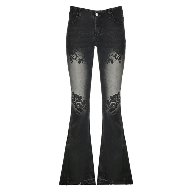 Printed Worn Jeans Slimming Washed Women Black - Shop at LoveMi
