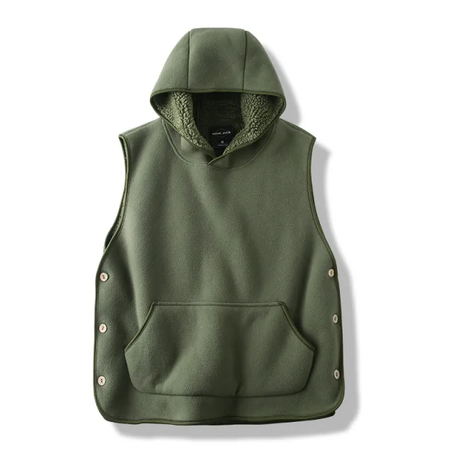 SLR Season New Two side Button Slit Design Velvet Padded Hooded Vest Army Green - Shop at LoveMi