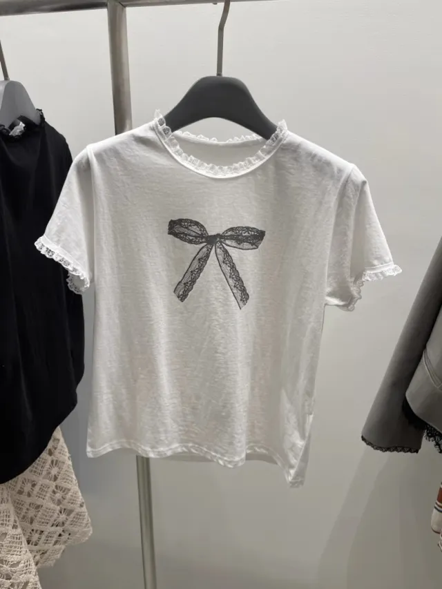 Lace Stitching Bow Printed Round Neck Short Sleeve White - Shop at LoveMi