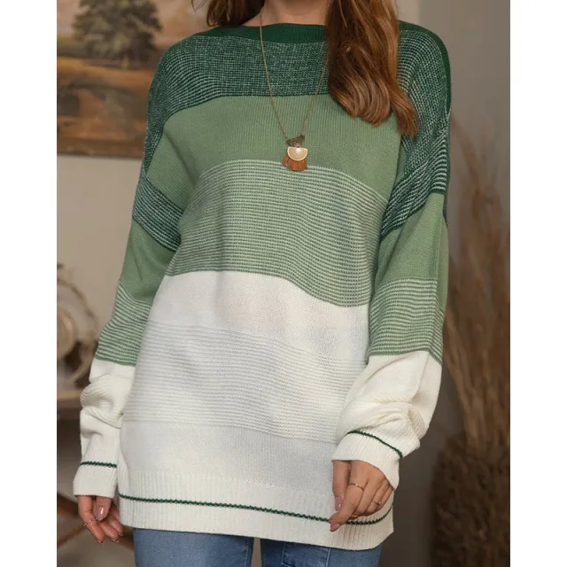 Women's Gradient Striped Color Matching Sweater Loose Green Sweater Green - Shop at LoveMi