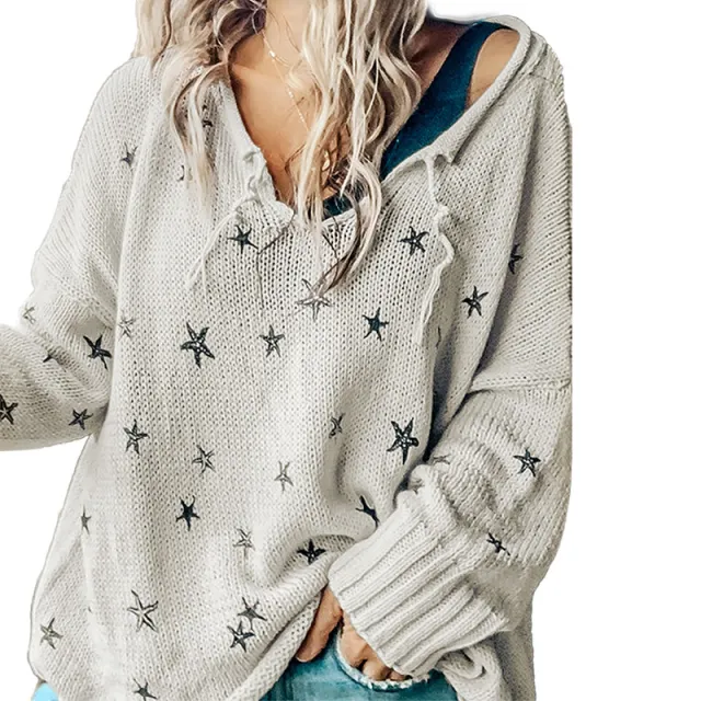 Geometric Pattern Loose Long Sleeve Thermal Knitting Top For Women Gray - Shop at LoveMi