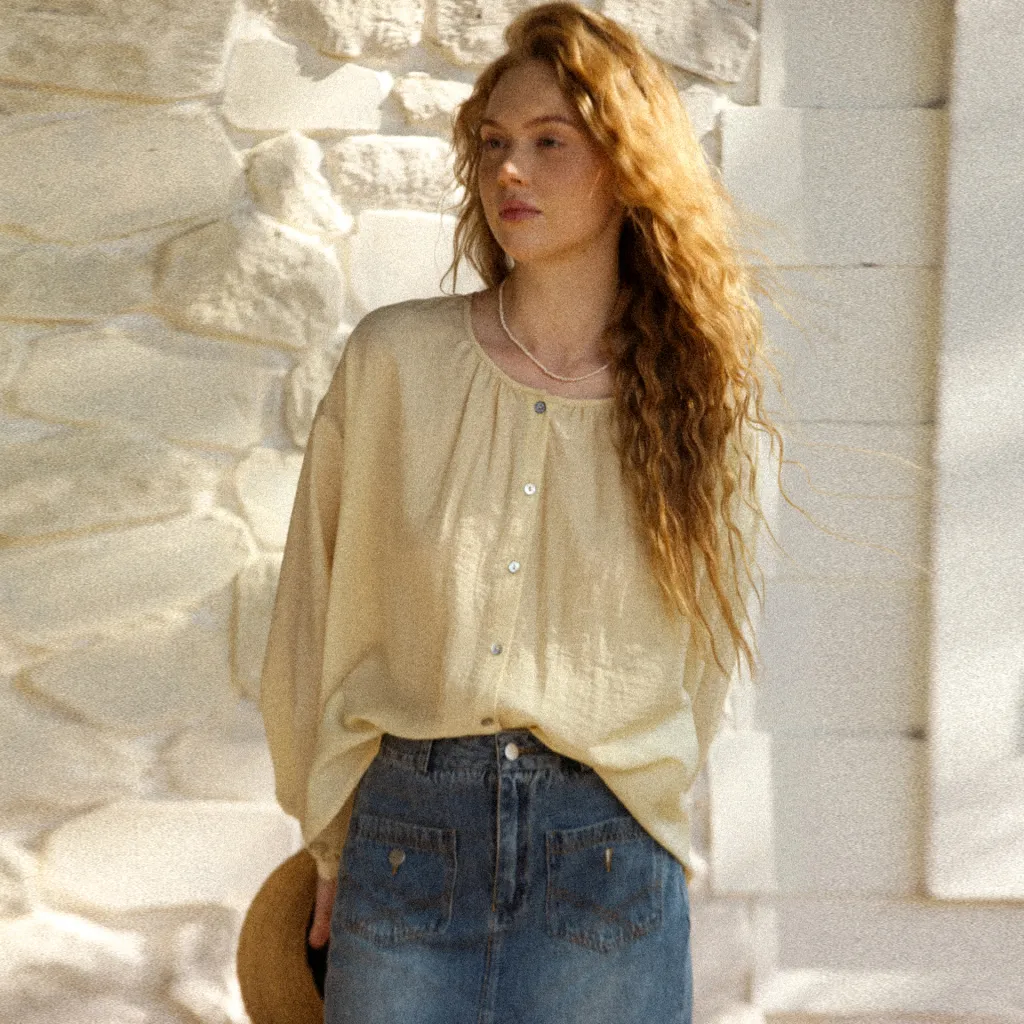 Loose Cotton Linen Long Sleeve Blouse Women's Round Neck - Yellow