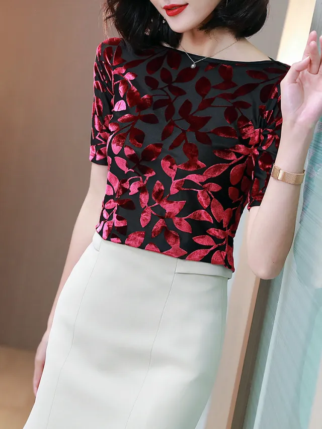 Spring And Summer New Off neck Velvet Mid sleeve Slim Bottoming Shirt Red - Shop at LoveMi