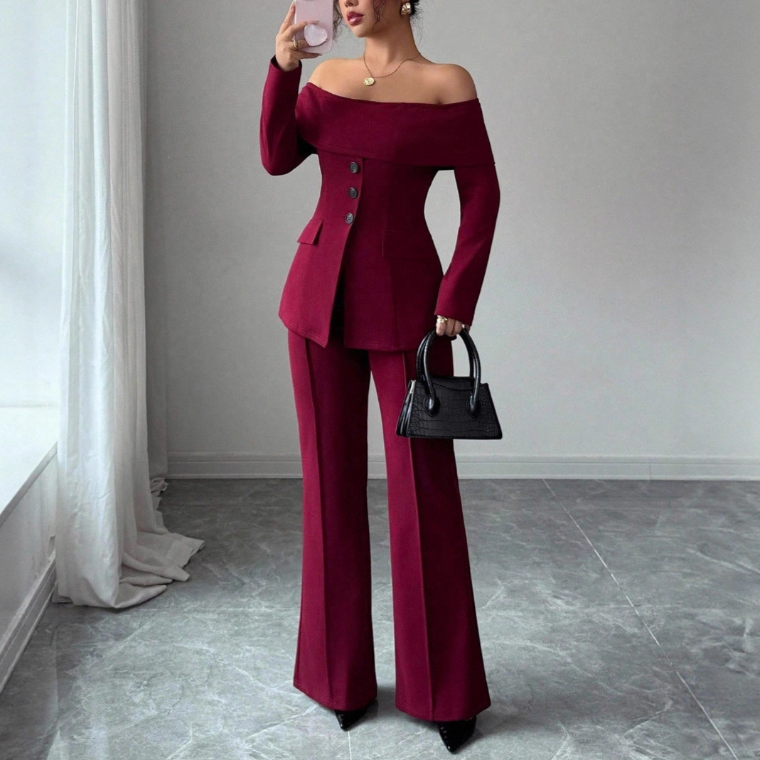 Burgundy Suit Dress For Women French-style Off-shoulder Design With An Elegant High-end Vibe