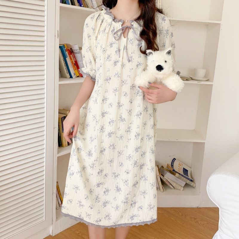 Korean Style Soft Double-layer Cotton Yarn Short Sleeve Suit Loose Sweet Ins Cute Nightdress Homewear