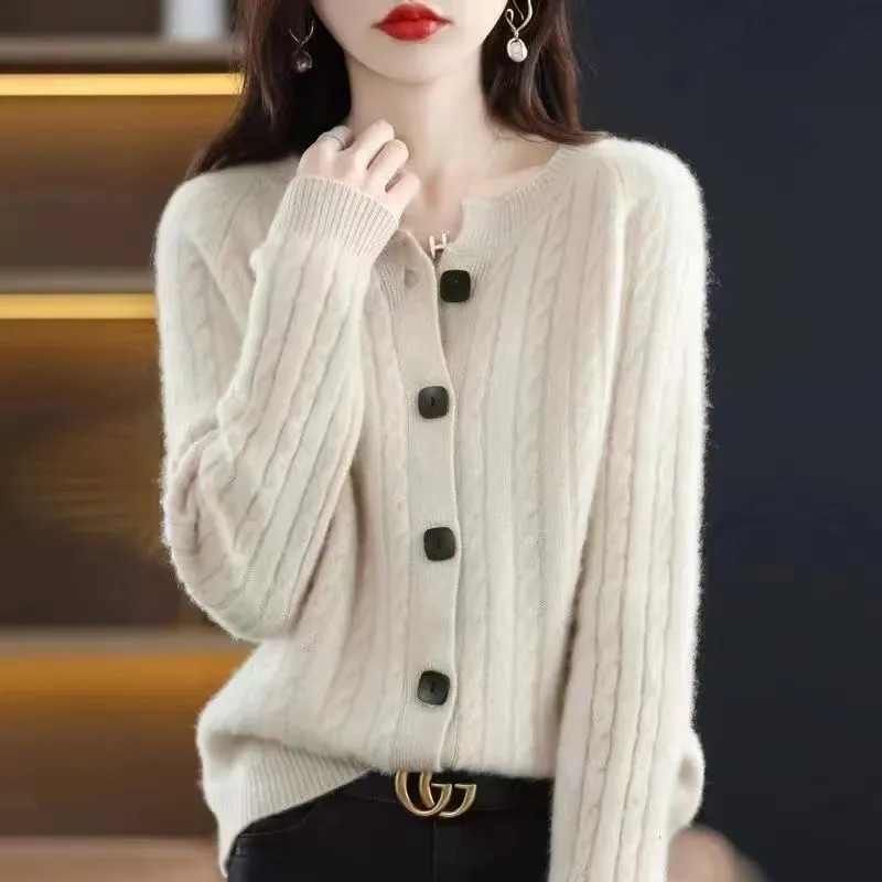 Autumn Short All-match Twist Cardigan Round Neck Loose Sweater Coat Knitted Long Sleeves Outer Match Thick - Apricot