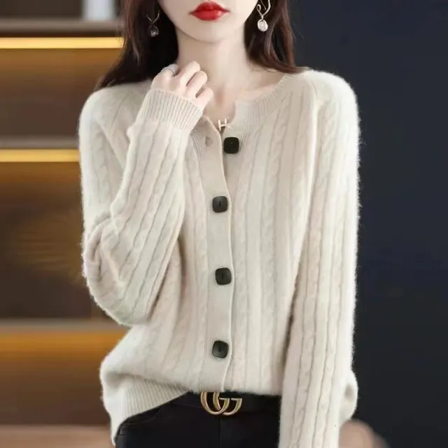 Autumn Short All match Twist Cardigan Round Neck Loose Sweater Coat Knitted Long Sleeves Outer Match Thick Apricot - Shop at LoveMi
