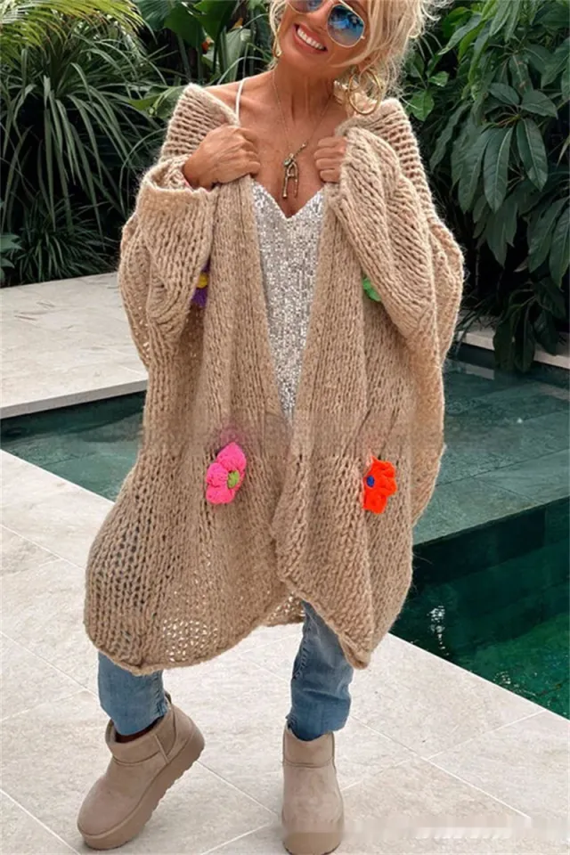 Hand Crocheting Flowers Long Cardigan Jacket Idle Style Casual Loose Women's Sweater Khaki - Shop at LoveMi