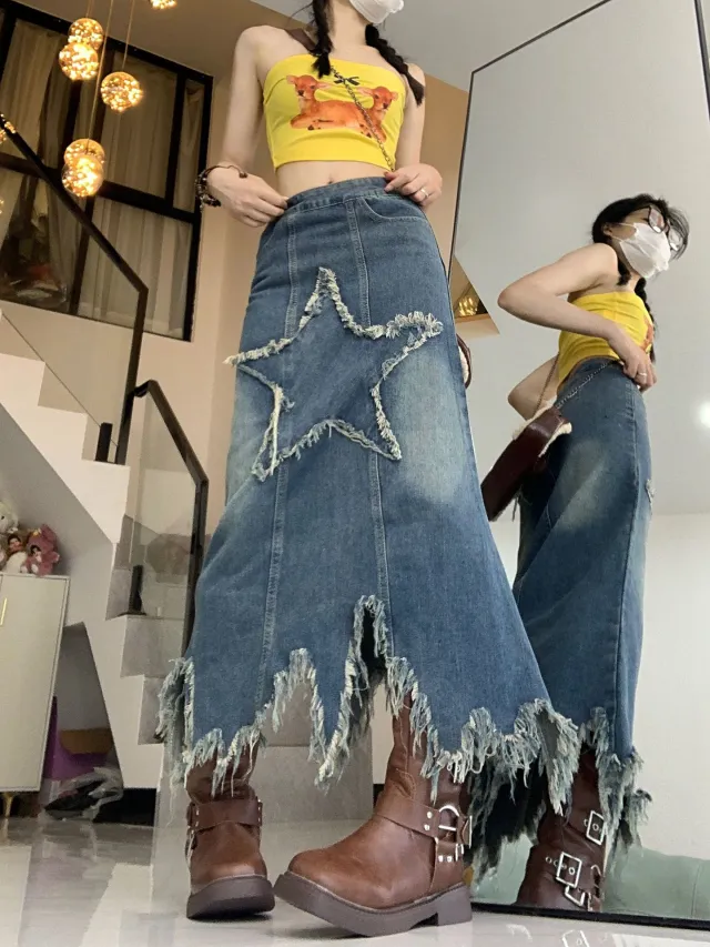 Washed Denim Skirt Women's Five pointed Star Patch Vintage Blue - Shop at LoveMi