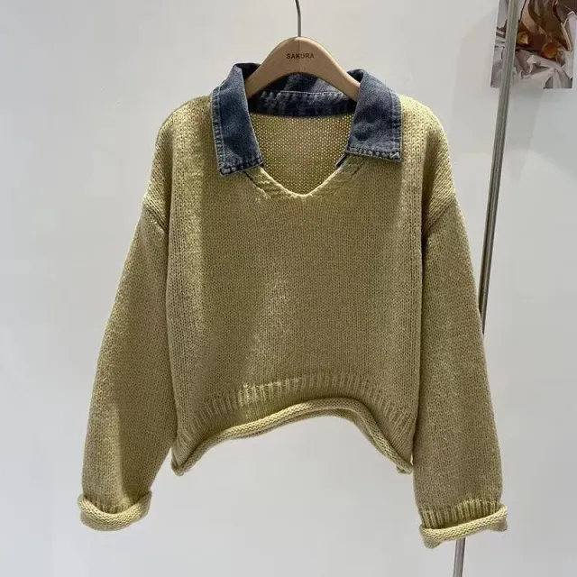 Stitching Denim High grade Fake Two piece Knitted Top Khaki - Shop at LoveMi