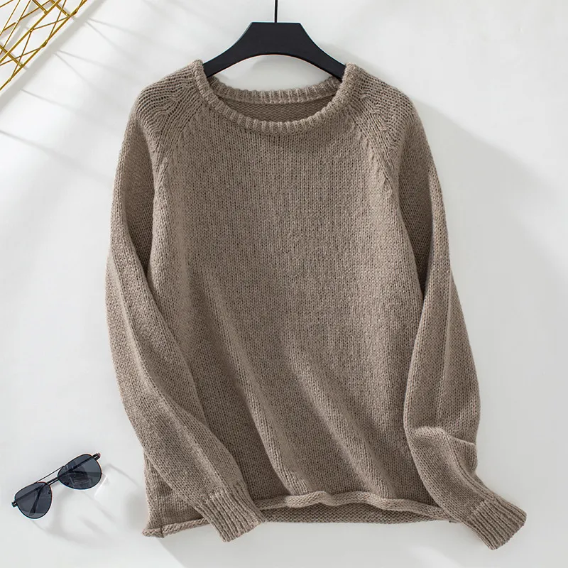 Solid Color Curling Pullover Women's Sweater - Khaki