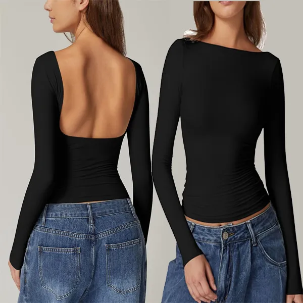 Women's Long-sleeved Shirt Round Neck T-shirt - Black