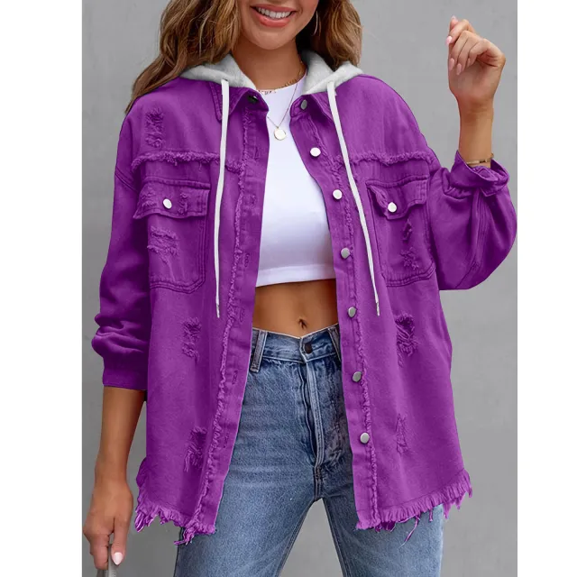 Womens Solid Color Loose Denim Hooded Jacket Purple - Shop at LoveMi