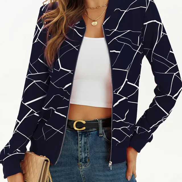 Stylish Long Sleeve Allover Print Zip Up Jacket Elegant Navyblue - Shop at LoveMi