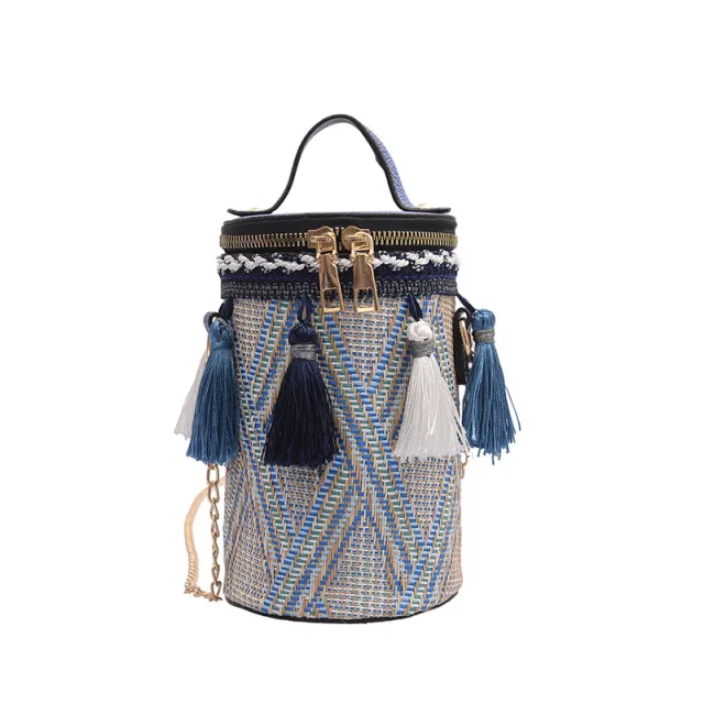 Chain Ethnic Style Portable Straw Shoulder Bag Blue - Shop at LoveMi