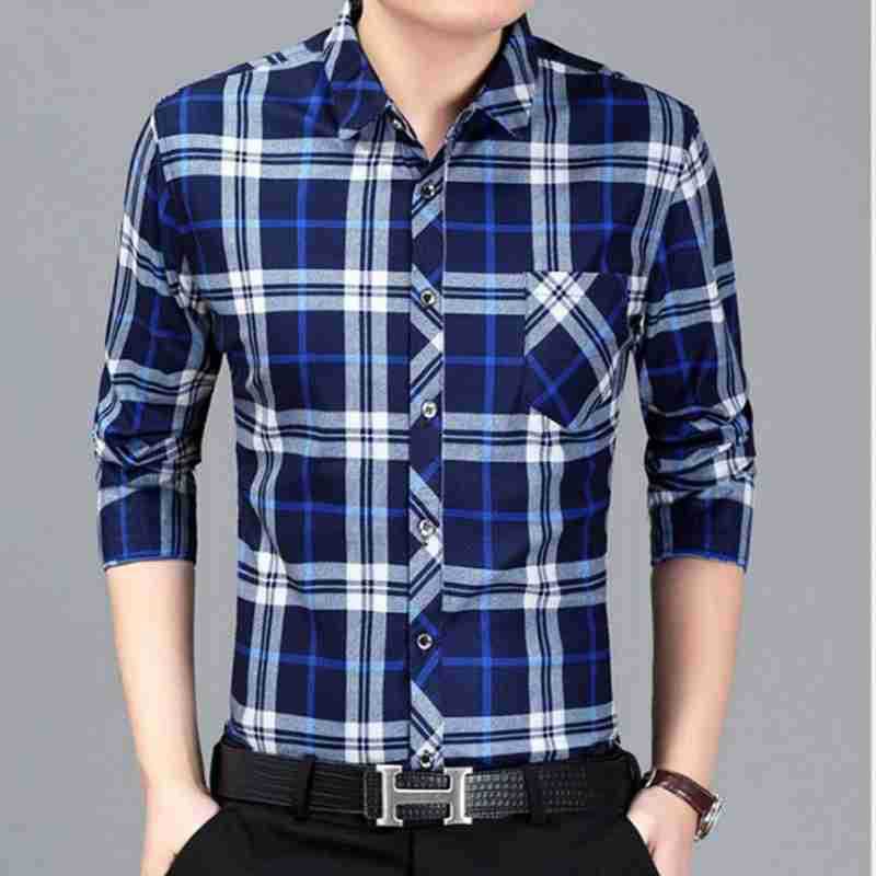 قميص فضفاض طويل الأكمام بتصميم مربعات رفيع غير قابل للكي