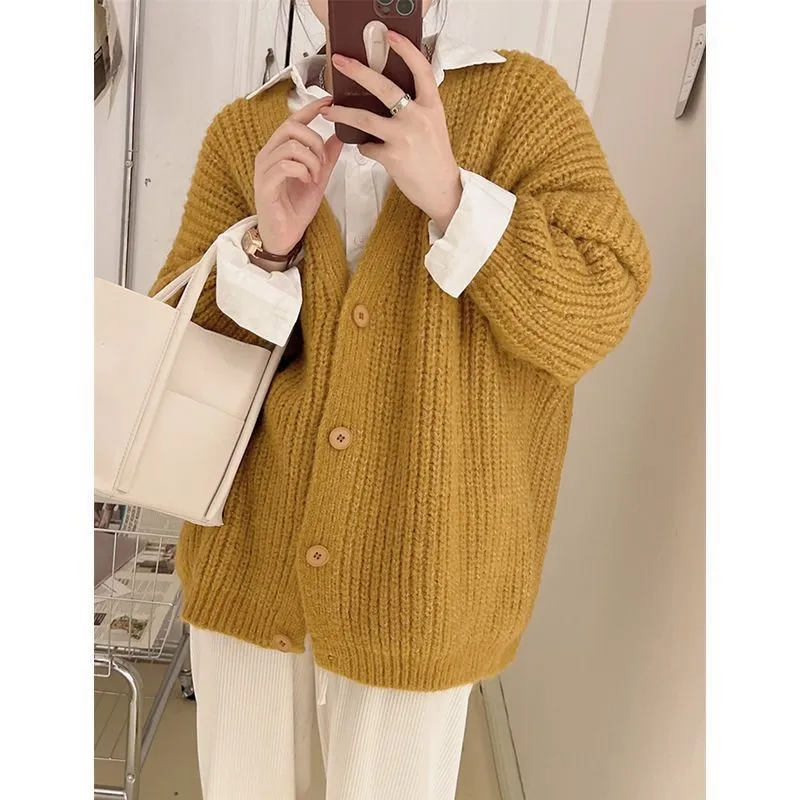 Idle Style Knitted Cardigan Sweater For Women Autumn And Winter - Yellow