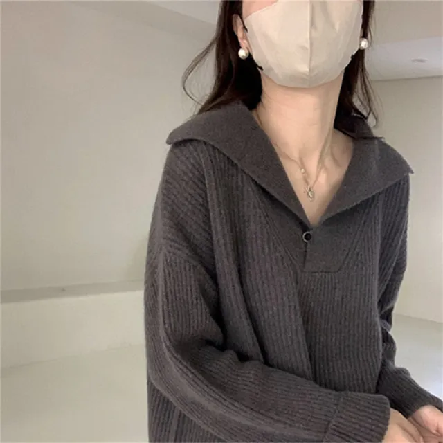 Women's Lapel Knitwear Pullover Sweater Gray - Shop at LoveMi