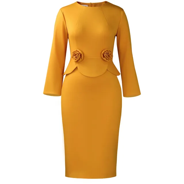 New Stylish Round neck Long sleeve Solid color Dress With 3D Floral Detailing Khaki - Shop at LoveMi