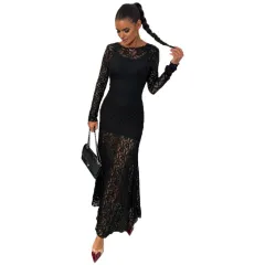 Sexy Backless Lace Long Sleeve Solid Colour Strap Long Dress - Black - View 1