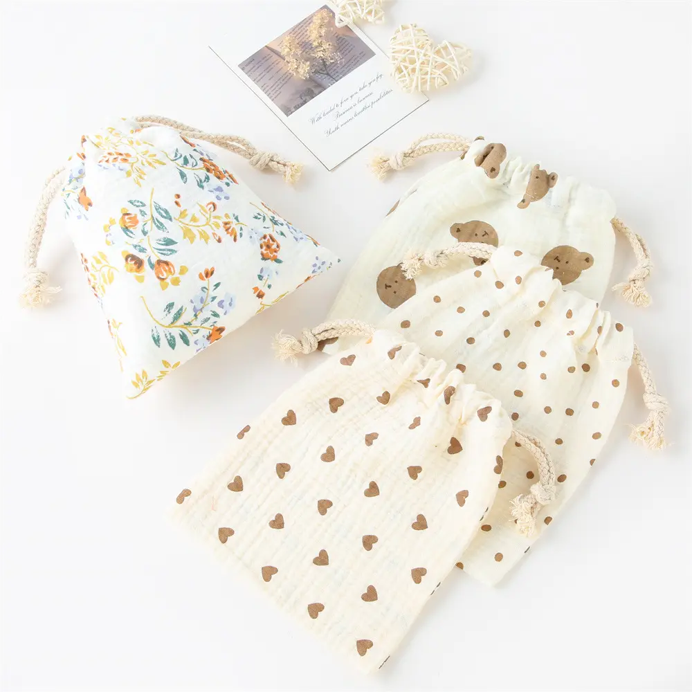 Double-layer Drawstring Pocket Cotton Printed Crepe Bib