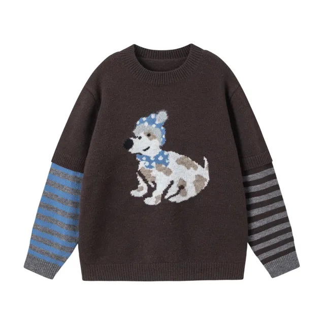 Autumn Dog Jacquard Fake Two Piece Loose Sweater Brown - Shop at LoveMi