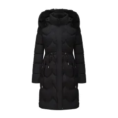 Big Fur Collar Mid-length Thickened Waist-cinching Cotton Coat - Black - View 1