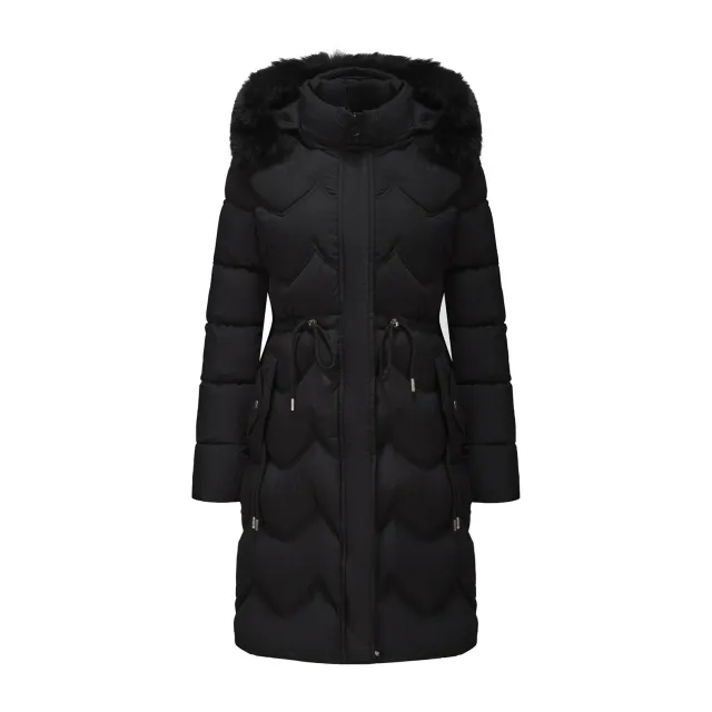 Big Fur Collar Mid length Thickened Waist cinching Cotton Coat Black - Shop at LoveMi