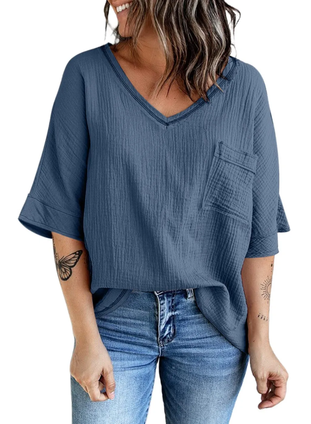 Spring And Summer New Shirt Fashion V-neck Pocket Split Half Sleeve Top For Women Ins - Blue