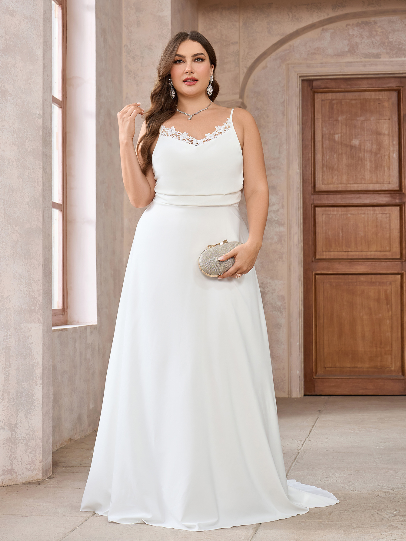 Plus Size Simple Modest Strapless Maxi Wedding Dress with Floral Lace and Open Back