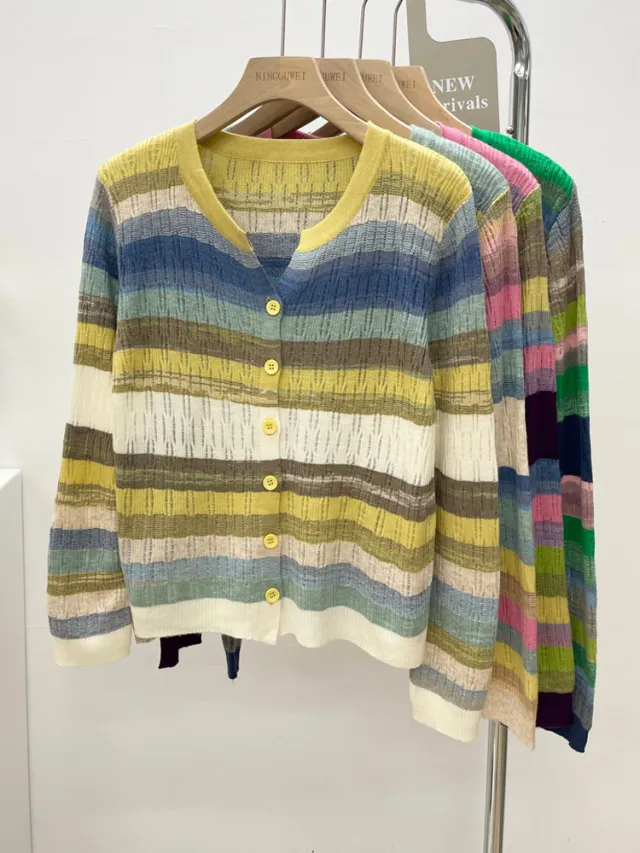 Women's Colorful Sweater Cardigan Spring New V neck Yellow - Shop at LoveMi