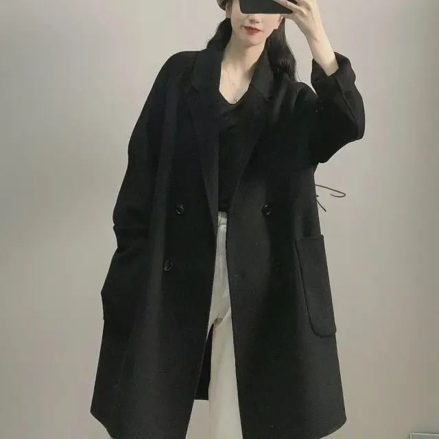 Women's Mid length Simple Fashion Korean Style Loose Woolen Coat Black - Shop at LoveMi