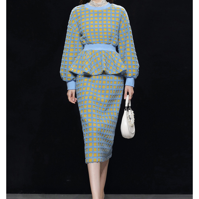 Women's Autumn And Winter Clothing New Fashion Casual Contrast Color Check Sweater Top Hip Skirt Long Dress Suit