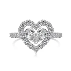 S925 Sterling Silver Ear Stud And Ring Female With Hearts Hollow Out - Platinum White Diamond - View 1